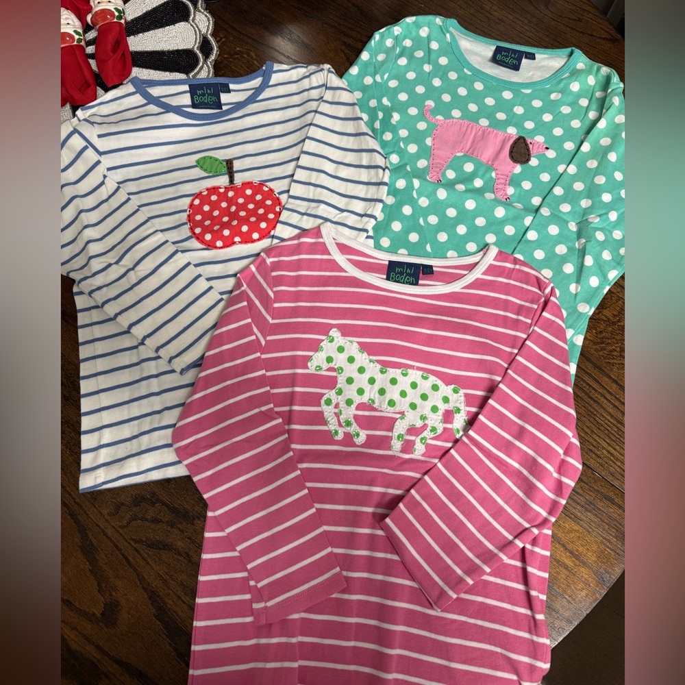Mini Boden girls 3pc lot long sleeve appliqué tees 11-12Y